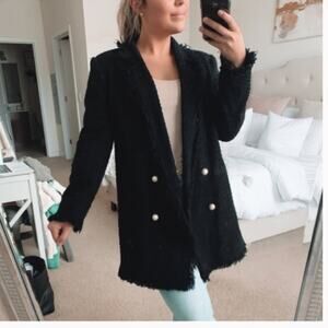 Zara Tweed Textured Long Pearl Button Jacket Coat XS